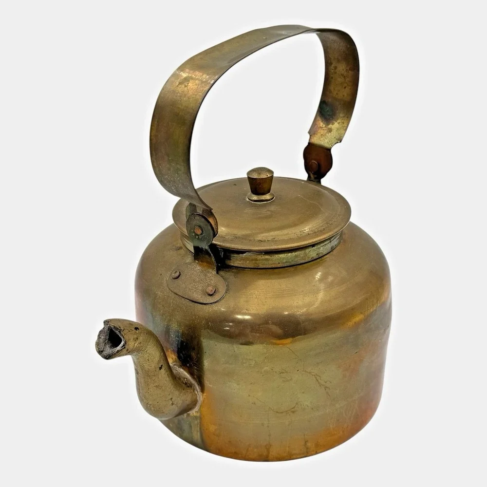 Brass Tea Kettle Primitive Farmhouse Cottage Cabin Rustic Kitchen Decor Vintage
